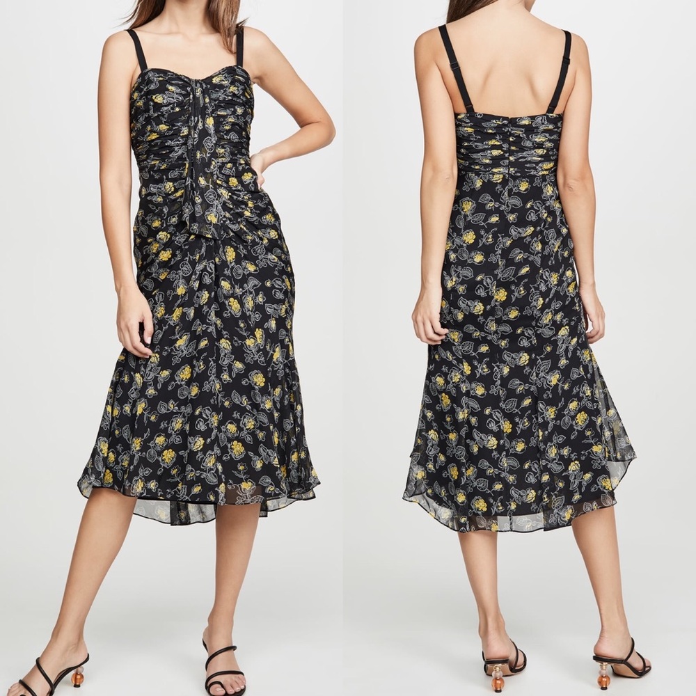 cinq a sept Black Floral Midi Dress with Yellow Accents